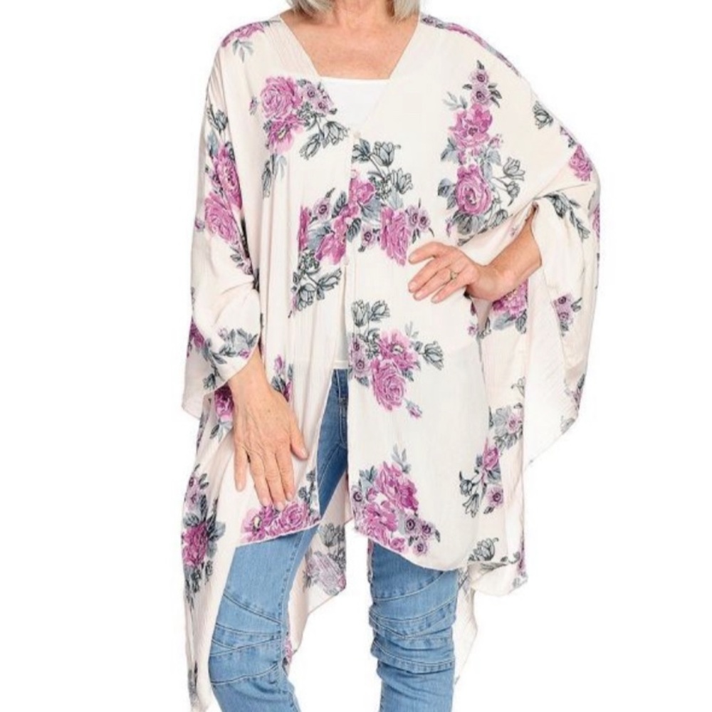 Indigo Thread Co Cream floral button front Ruana Kimono Beach Cover Up Size L